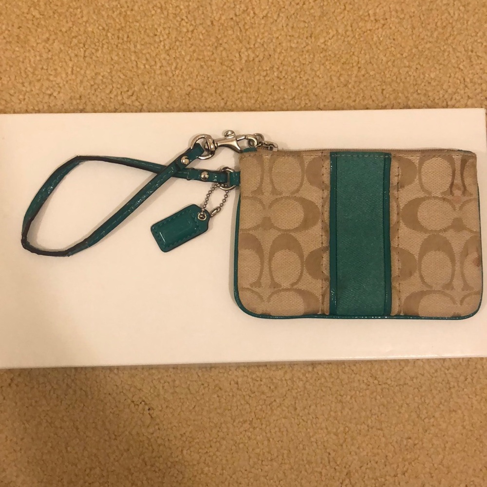 Coach teal stripe wristlet
